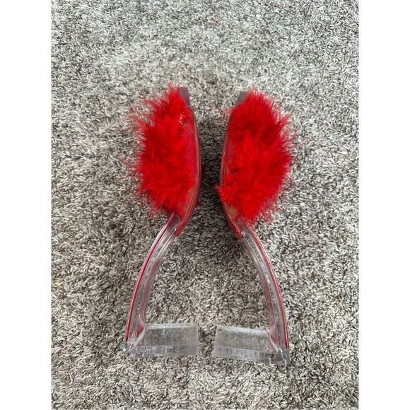 JEFFREY CAMPBELL Luxuries Feather Sandal Acrylic Heels Red Genuine Feathers 11 - Picture 6 of 15
